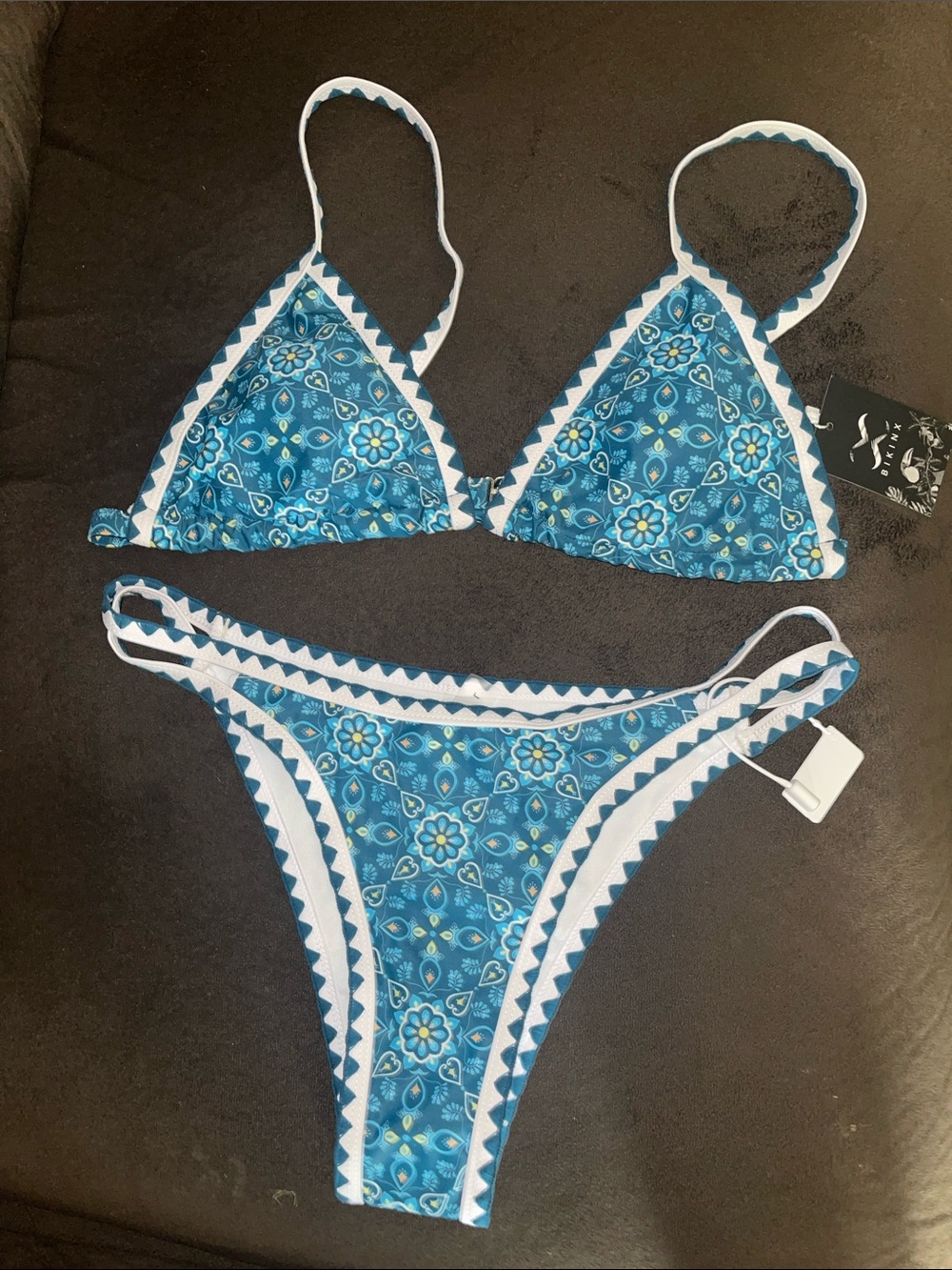Turquoise Floral Triangle Bikini Set with White Trim